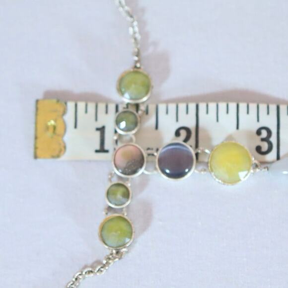 Liz Claiborne Y Pendant Necklace SIlver Tone Chain Faceted Pastel Crystal Stones - Picture 9 of 9